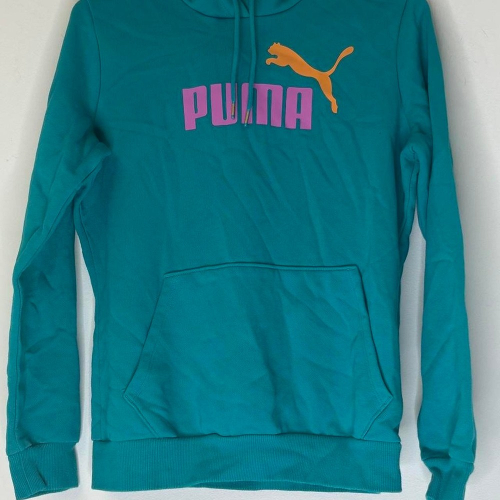 Puma Womens Teal Logo Hoodie Medium Y2K Sporty Streetwear Pullover 846860-27